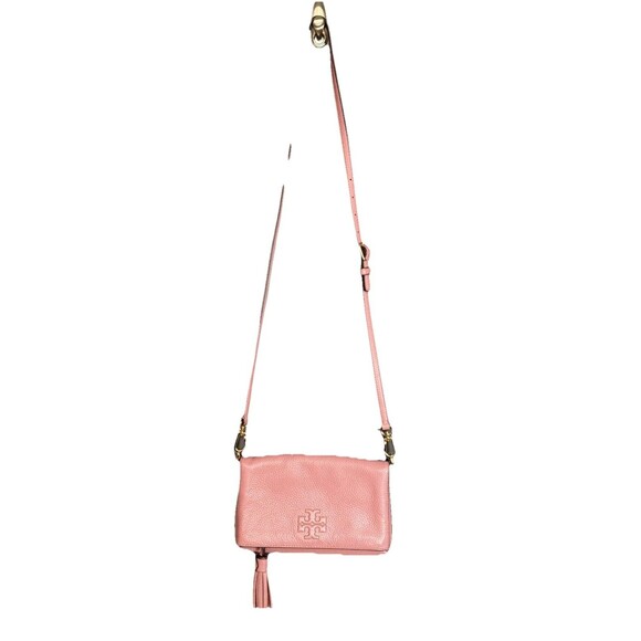 Tory Burch Thea Foldover Crossbody Pebbled Leather Pink Magnolia Bag Clutch - Picture 14 of 14